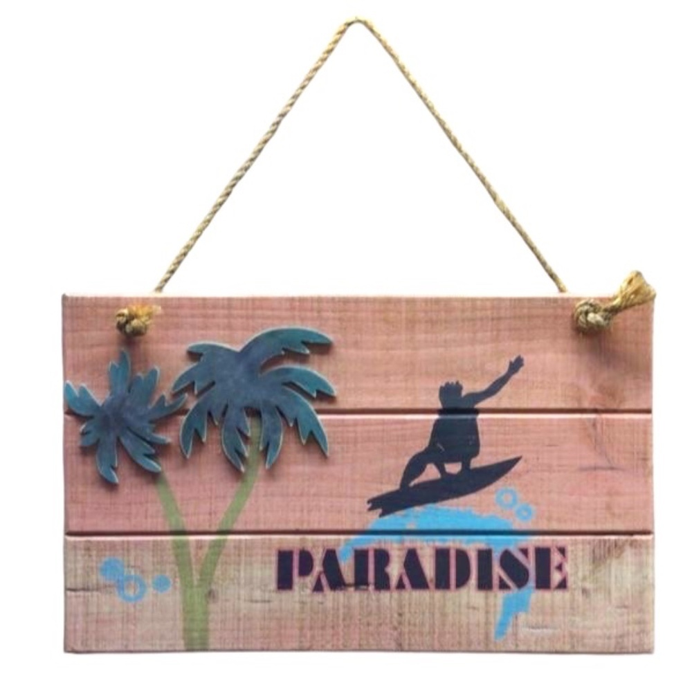 Painted Wood 3D Effect Surfer Palm Trees Sign “Paradise”